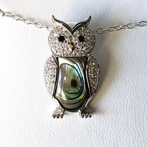 nwt Sterling Silver Abalone & Cubic Zirconia Owl Pendant Necklace